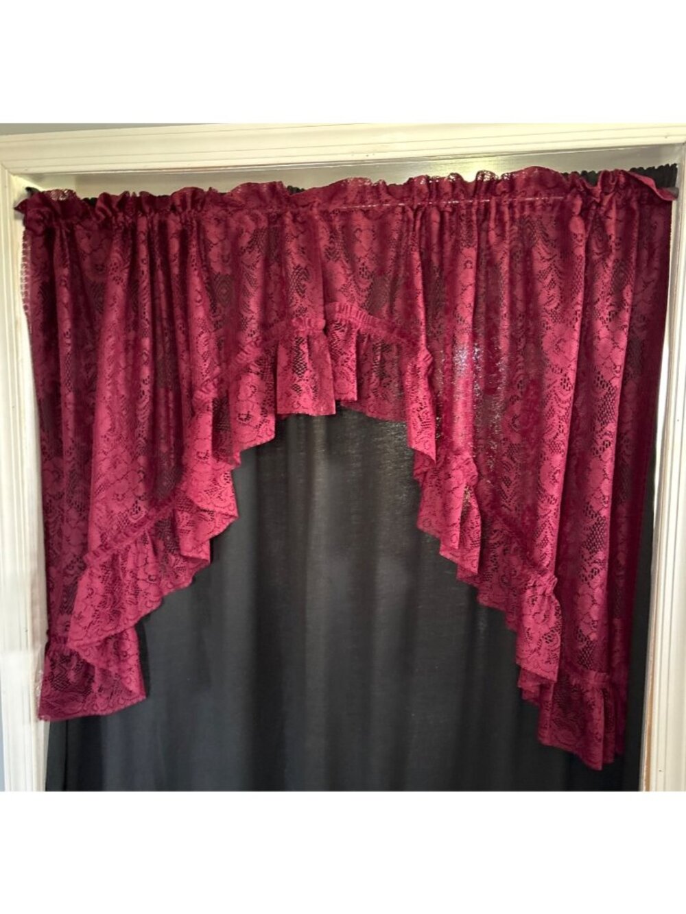 Burgundy Lace Curtain Swag 39"W x 37"L Floral Pattern Ruffle Edges Elegant Windo